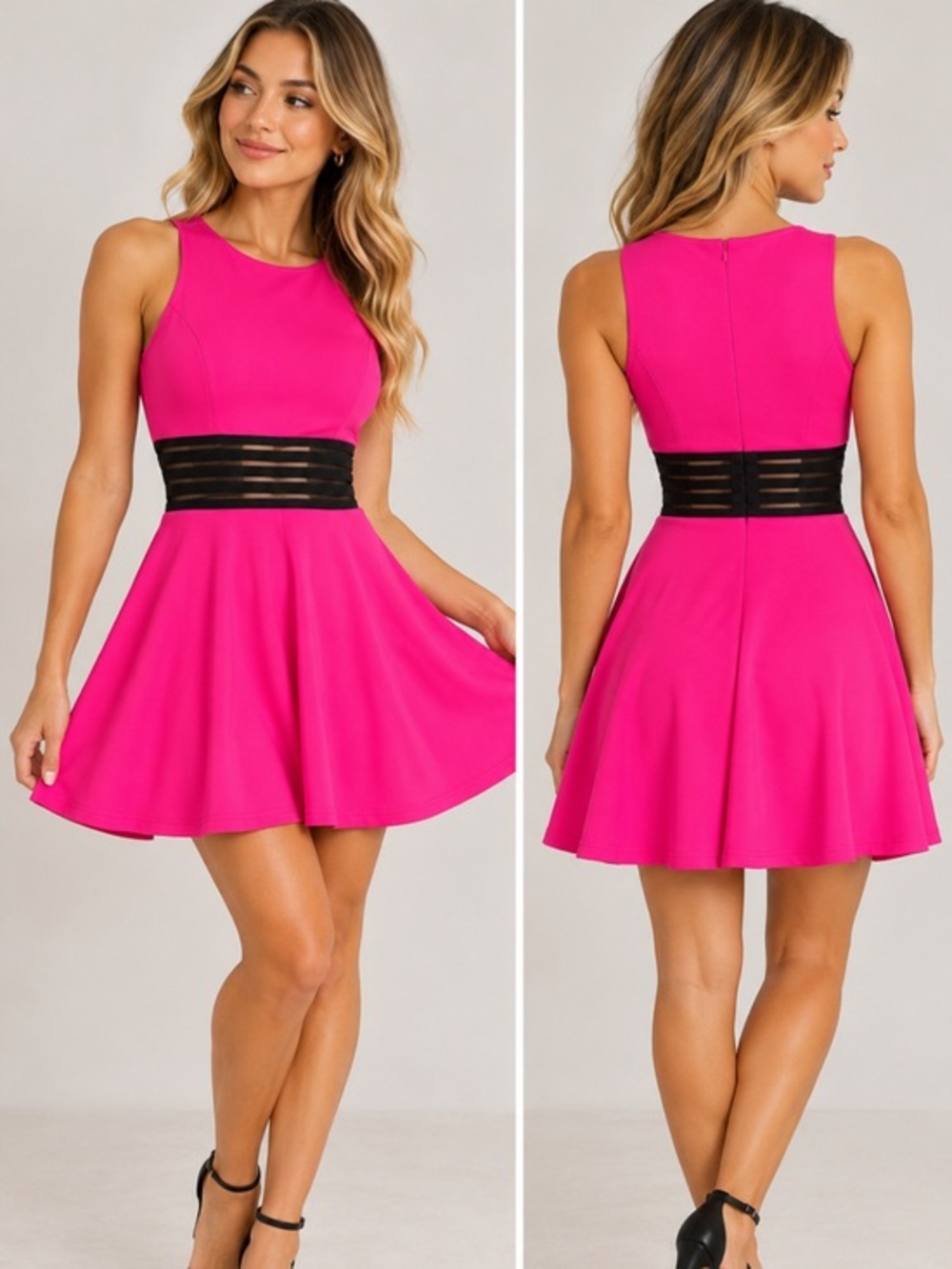 Blush Hot Pink Black Mesh Waist Fit & Flare Party Dress Size Small